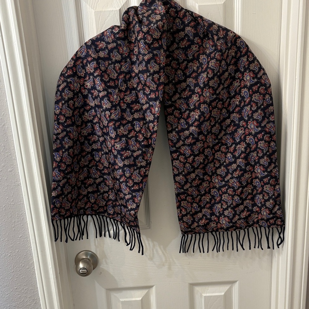 Double sided vintage blue paisley/blue wool Patterned Scarf with Fringe